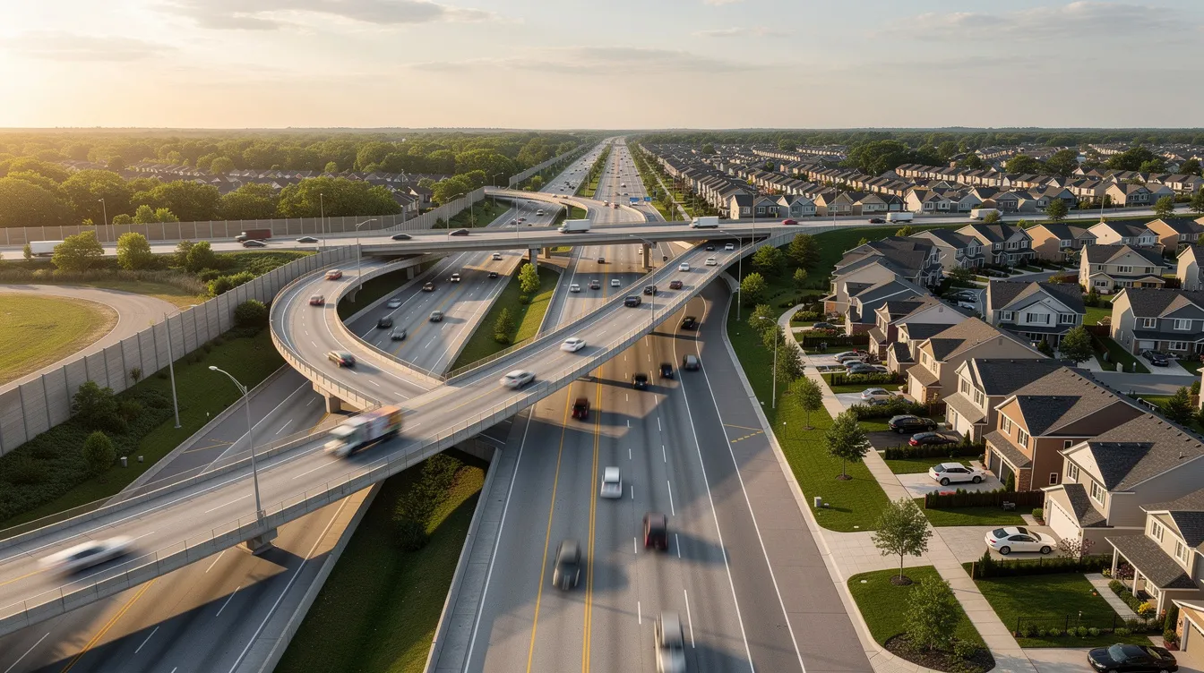 The image depicts a busy highway interchange located near a suburban residential area in Fort Worth, TX, with cars traveling in the distance. This scene highlights the accessibility of affordable housing and community resources for families and children in the area.