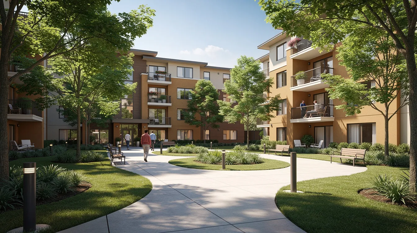 The image shows a welcoming apartment community courtyard in Fort Worth, TX, featuring lush trees, winding walkways, and inviting balconies, creating a serene space for residents and children to explore and enjoy. This area emphasizes affordable housing and community resources, providing a comfortable home for families.