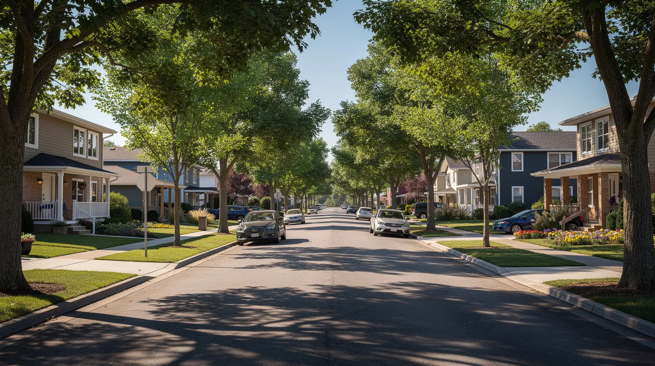 A sunny residential street in Fort Worth, TX, features mature trees lining the road, with a mix of small homes and apartment buildings, creating a welcoming community atmosphere. This neighborhood offers affordable housing options and is a great place for families with children to explore and find resources.