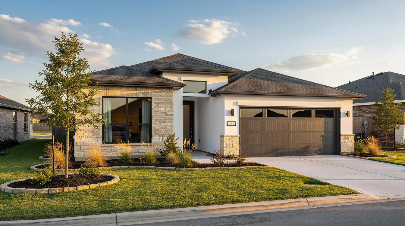 The image depicts a modern single-family home located in a Texas suburb, featuring a beautifully landscaped front yard and a spacious two-car garage. This home is part of the new construction developments in Fort Worth, showcasing the ideal family living experience in the DFW area.