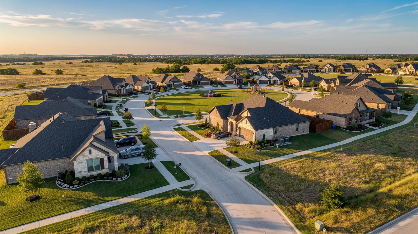An aerial view showcases a vibrant new suburban neighborhood in Fort Worth, Texas, featuring modern homes with attractive landscaping and community amenities. The image highlights the promise of family-friendly living in the DFW area, perfect for those seeking their dream home among the new construction developments.