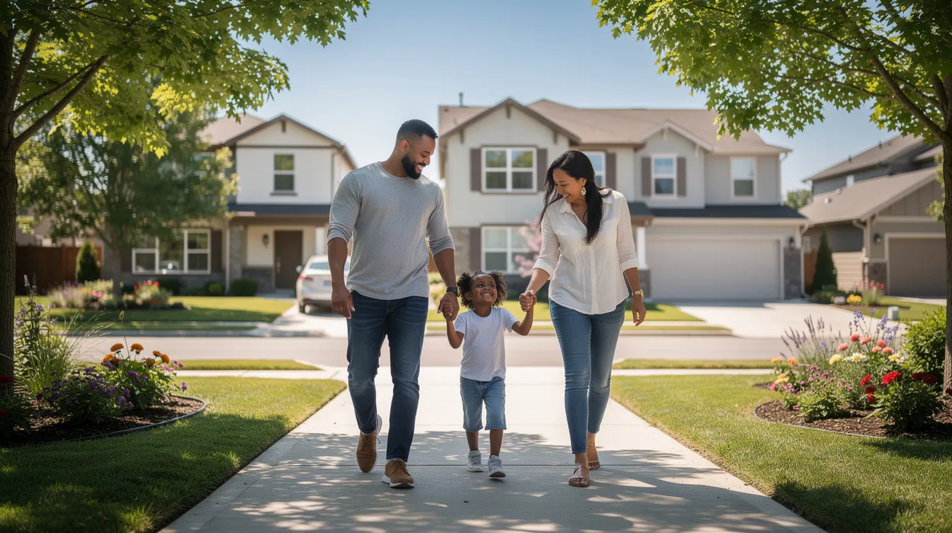 A family strolls together along a tree-lined sidewalk in a suburban neighborhood, with new construction homes visible in the background, showcasing the vibrant community of Fort Worth, Texas. The scene captures the essence of family life and the excitement of exploring new home communities in the DFW area.