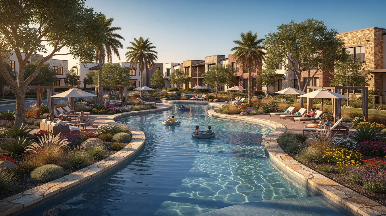 The image features a resort-style lazy river pool surrounded by lush landscaping, situated within a master-planned community in Fort Worth, Texas. This inviting area highlights the amenities available in new construction homes, perfect for families looking to enjoy life in the DFW area.