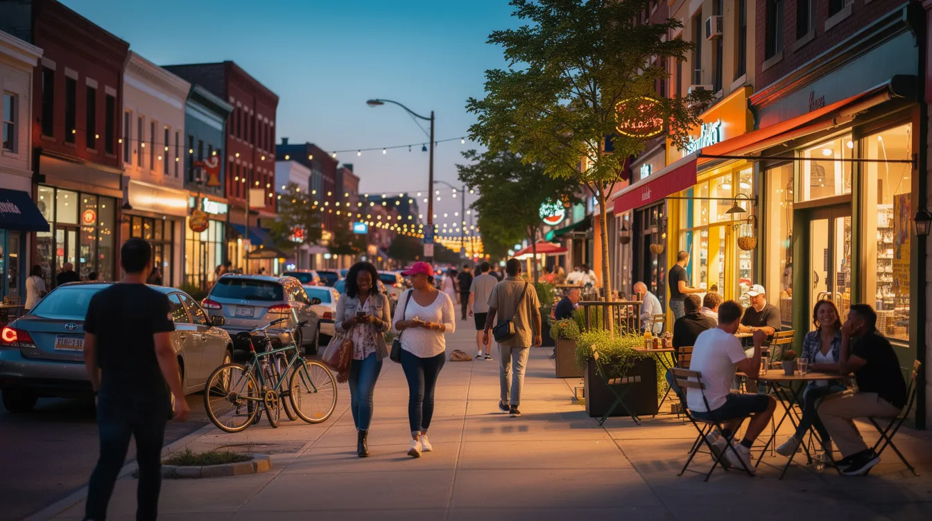 A lively street-level view of a bustling urban neighborhood in Fort Worth, Texas, showcases pedestrians strolling past various restaurants and shops under the warm evening glow. This vibrant scene highlights the community's charm, inviting those interested in Fort Worth condos and homes for sale to explore the area further.