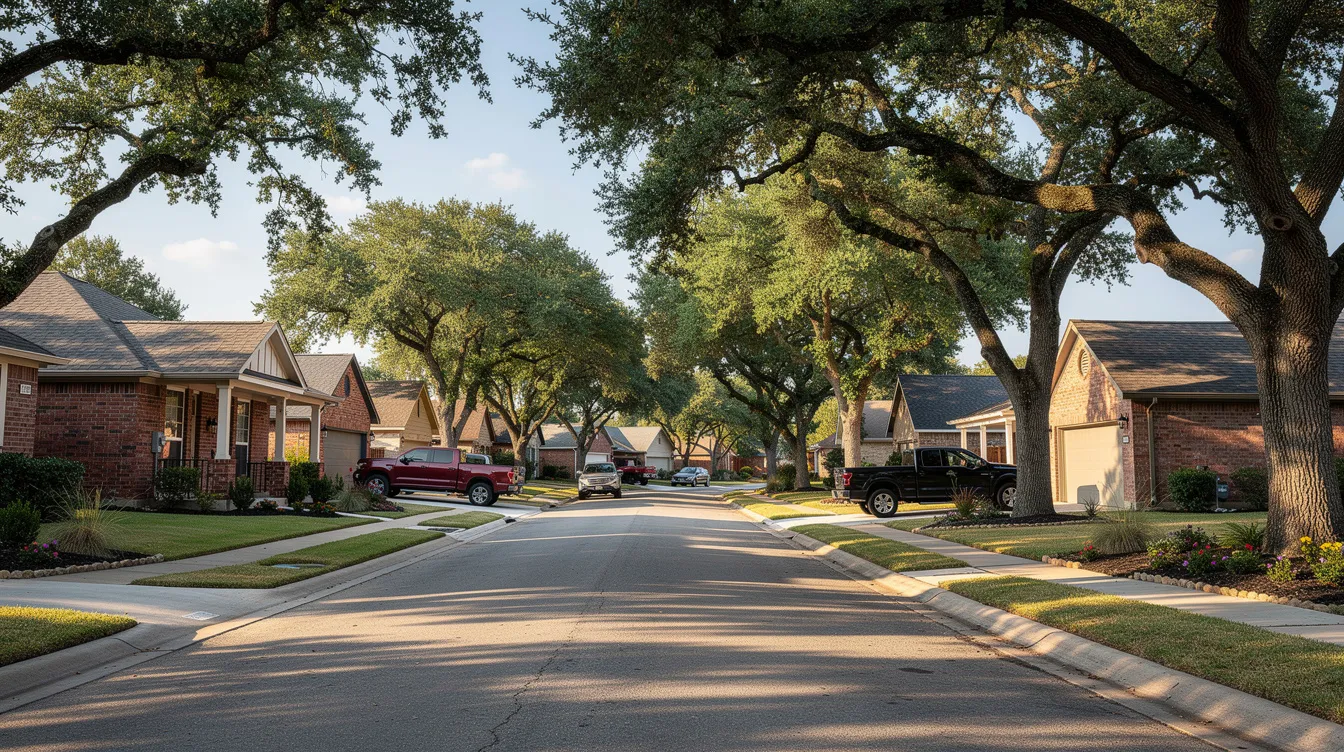 A picturesque tree-lined residential street in Fort Worth, Texas, features charming brick homes and mature oak trees, creating a serene neighborhood atmosphere. This image showcases the appeal of TX real estate, highlighting the inviting character of homes for sale in the area.