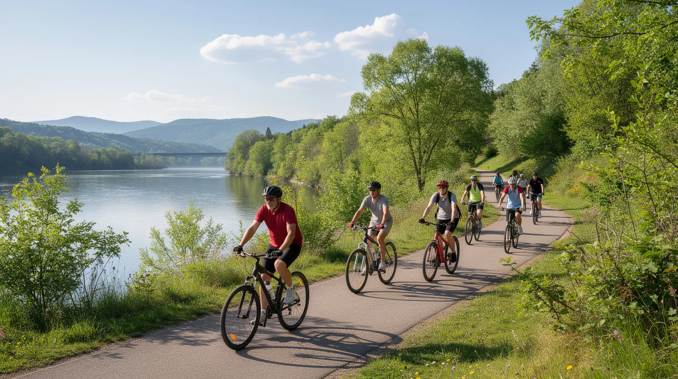 A group of people is riding bicycles along a scenic river trail, surrounded by lush green trees under a clear blue sky, showcasing the natural beauty of Fort Worth, TX. This vibrant outdoor scene highlights an active lifestyle, perfect for those interested in real estate and homes for sale in the area.