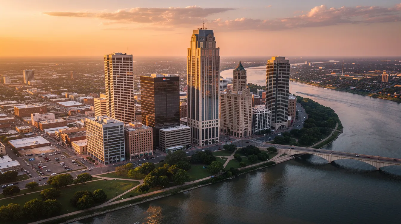 An aerial view of the Fort Worth, Texas skyline captures the tall buildings and the winding river at golden hour, creating a stunning backdrop for the vibrant downtown Fort Worth community. This picturesque scene highlights the modern architecture and the allure of the city, perfect for residents looking for lofts and apartments near attractions like Sundance Square.