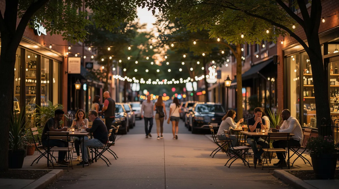 The image depicts a lively tree-lined urban street in downtown Fort Worth, Texas, featuring small storefronts and outdoor patios adorned with string lights, as people stroll by in the evening. This vibrant scene captures the community atmosphere, perfect for residents seeking entertainment and dining options near Sundance Square.