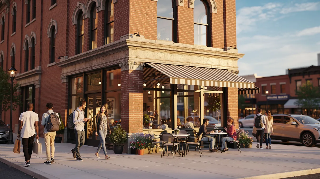 The image depicts a street-level view of a historic brick building in downtown Fort Worth, Texas, surrounded by pedestrians strolling on wide sidewalks and enjoying outdoor cafe seating. This vibrant scene captures the community atmosphere of Fort Worth, where residents can explore local attractions and services.