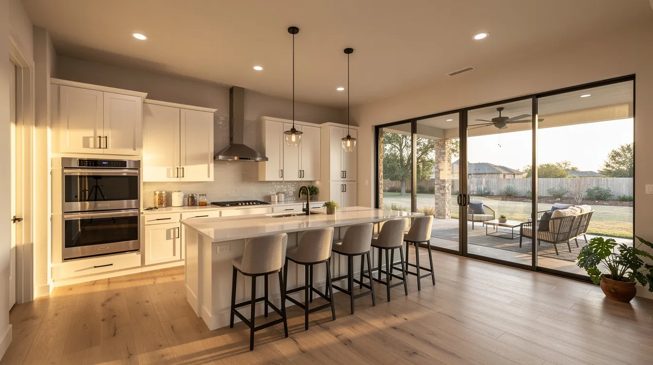 The image depicts a modern Texas home interior featuring an open-concept kitchen with a large island, complemented by a covered patio visible through glass doors, showcasing the ideal layout for family-friendly neighborhoods. This space exemplifies new construction homes in the Lone Star State, designed for both style and convenience.