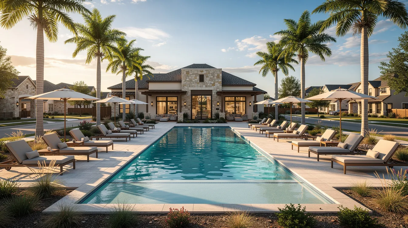 The image depicts a resort-style community pool nestled within a master-planned neighborhood in Texas, surrounded by comfortable lounge chairs and lush palm trees, creating a serene atmosphere ideal for relaxation. This family-friendly community offers modern amenities and easy access to nearby shopping centers, making it a perfect choice for those looking for new construction homes in the Lone Star State.