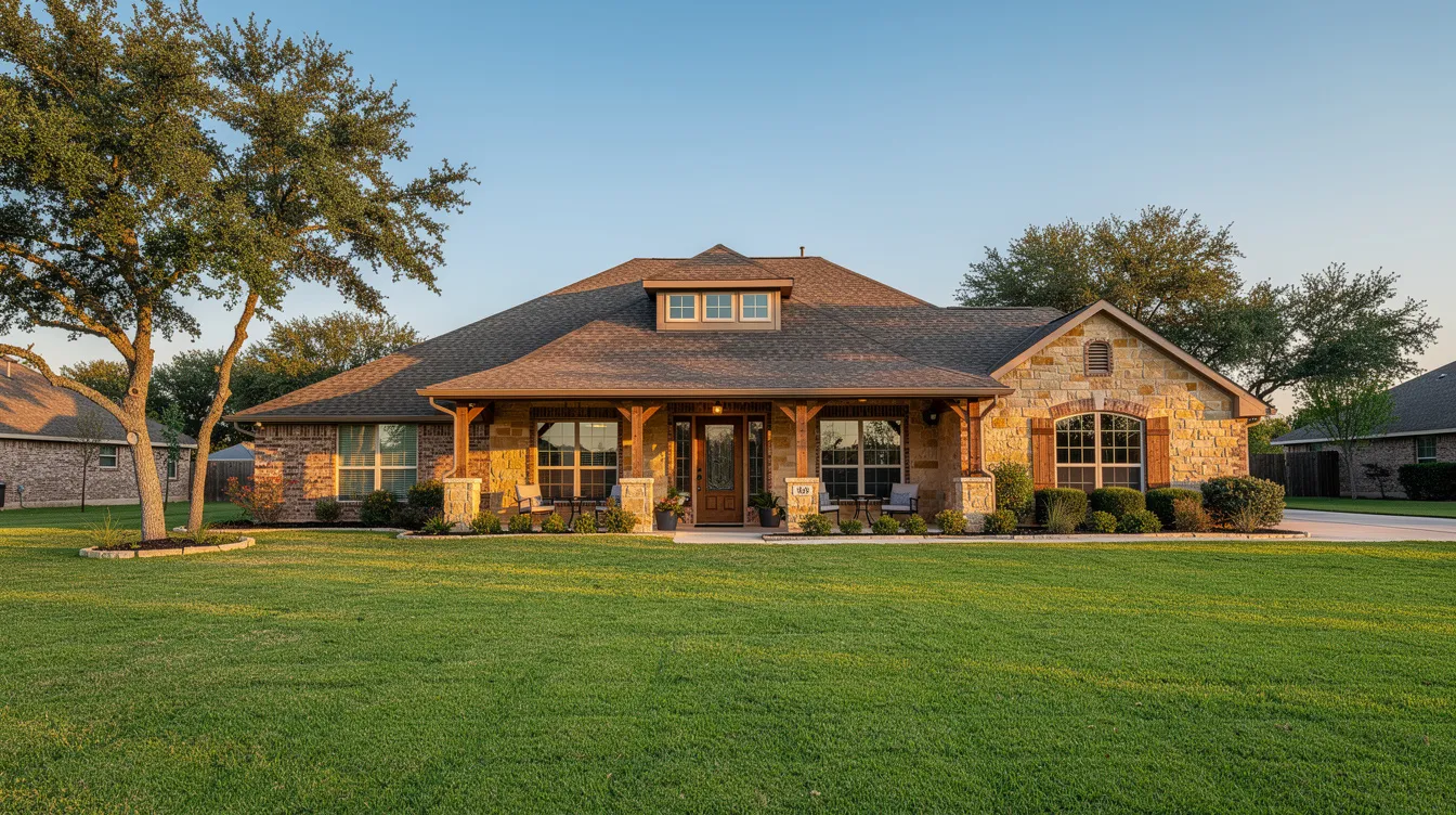 A charming stone and brick single-family home is showcased with a spacious green lawn and a welcoming covered porch, located in Haslet, TX. This property embodies the strong sense of community and peace that buyers seek in Texas homes for sale.