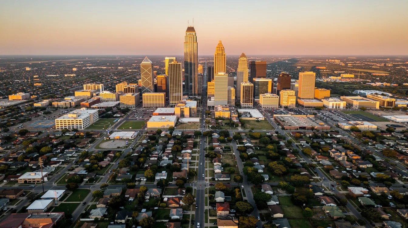 The image shows an aerial view of the Dallas, Texas skyline during golden hour, with the sun casting a warm glow over the city and residential neighborhoods extending towards the horizon. This picturesque scene highlights the vibrant market for homes and prospective properties consumers in the area.