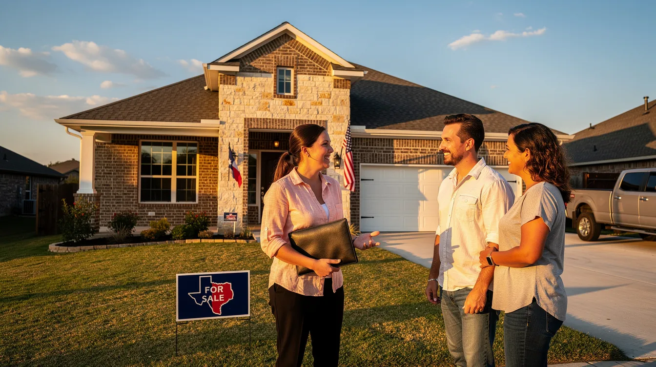 A real estate agent is proudly showing a property to clients outside a charming Texas home, highlighting the opportunities available in the Texas real estate market. The scene captures the agent's dedication to helping buyers find their perfect home in Dallas, showcasing their expertise as one of the best realtors in Texas.