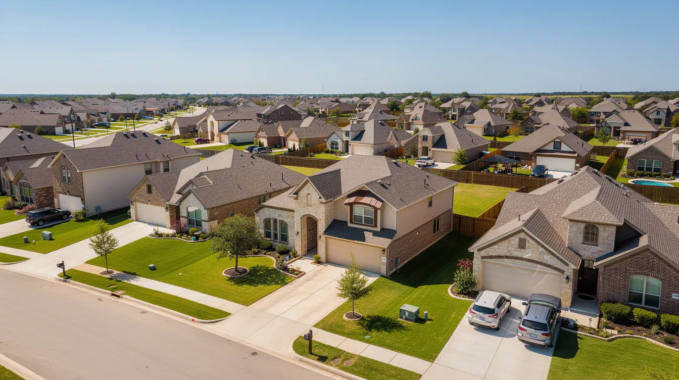 An aerial view showcases a Texas suburban neighborhood filled with charming single-family homes, each surrounded by well-maintained green lawns. This vibrant community represents the ideal market for buyers seeking real estate opportunities in Texas.