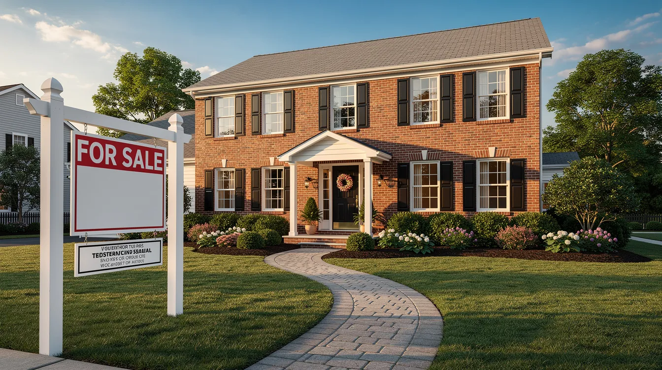 A for-sale sign stands prominently in front of a well-maintained brick home, surrounded by neat landscaping and a welcoming walkway, highlighting the appeal of this Texas real estate property. This image showcases the charm of homes in Round Rock, TX, making it an ideal representation for potential buyers searching for their dream home.