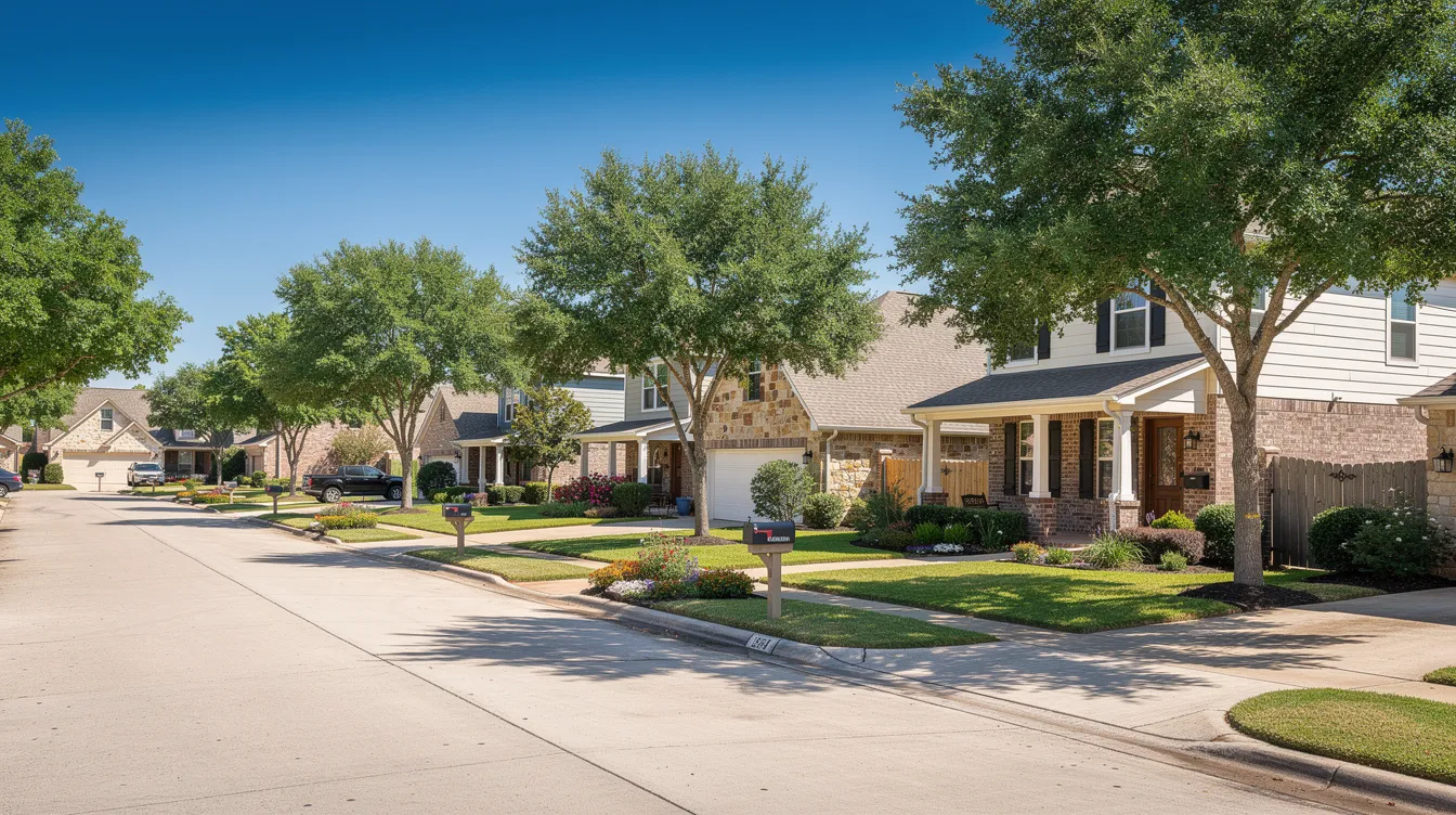 The image depicts a picturesque row of charming suburban homes along a tree-lined street in Texas, featuring a clear blue sky overhead. This scene captures the essence of Texas real estate, showcasing inviting properties that reflect the warmth of the community.