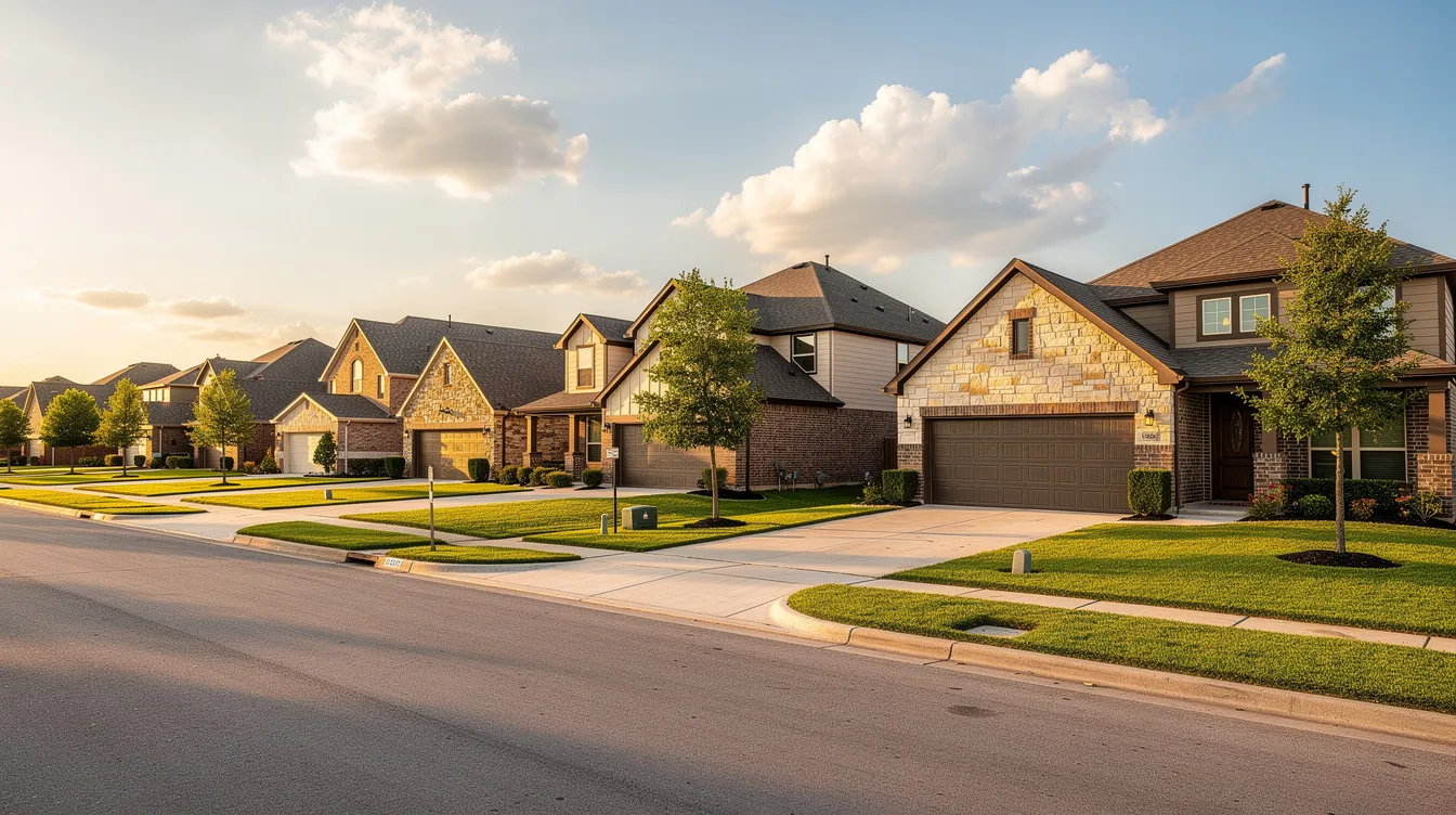 The image shows a row of suburban homes in a Texas neighborhood, featuring well-maintained green lawns and driveways, typical of the Fort Worth real estate market. This community reflects the active listings and home sales trends, appealing to buyers looking for properties in the area.
