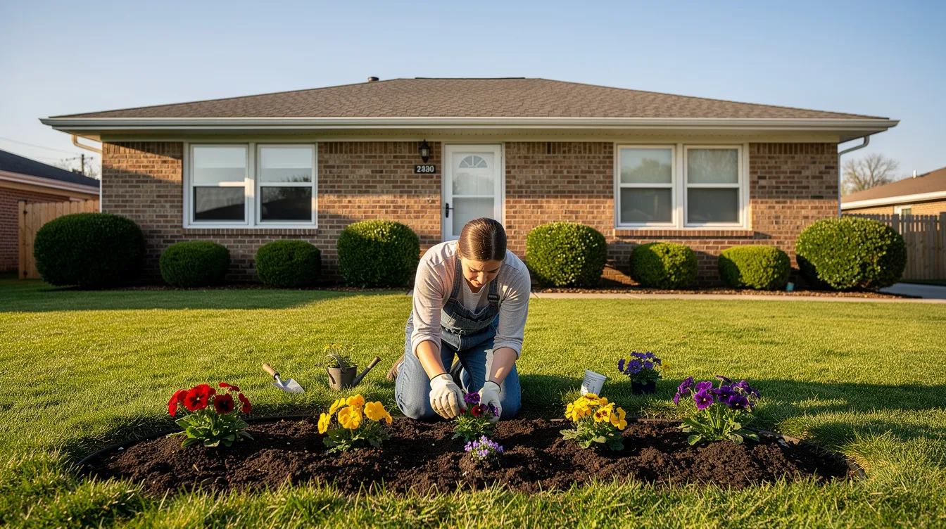 A person is planting colorful flowers in front of a charming single-story brick house, which features a well-maintained lawn, reflecting the inviting atmosphere of the Fort Worth community. This scene captures the essence of home ownership in the thriving Fort Worth real estate market, where many buyers are actively searching for properties.