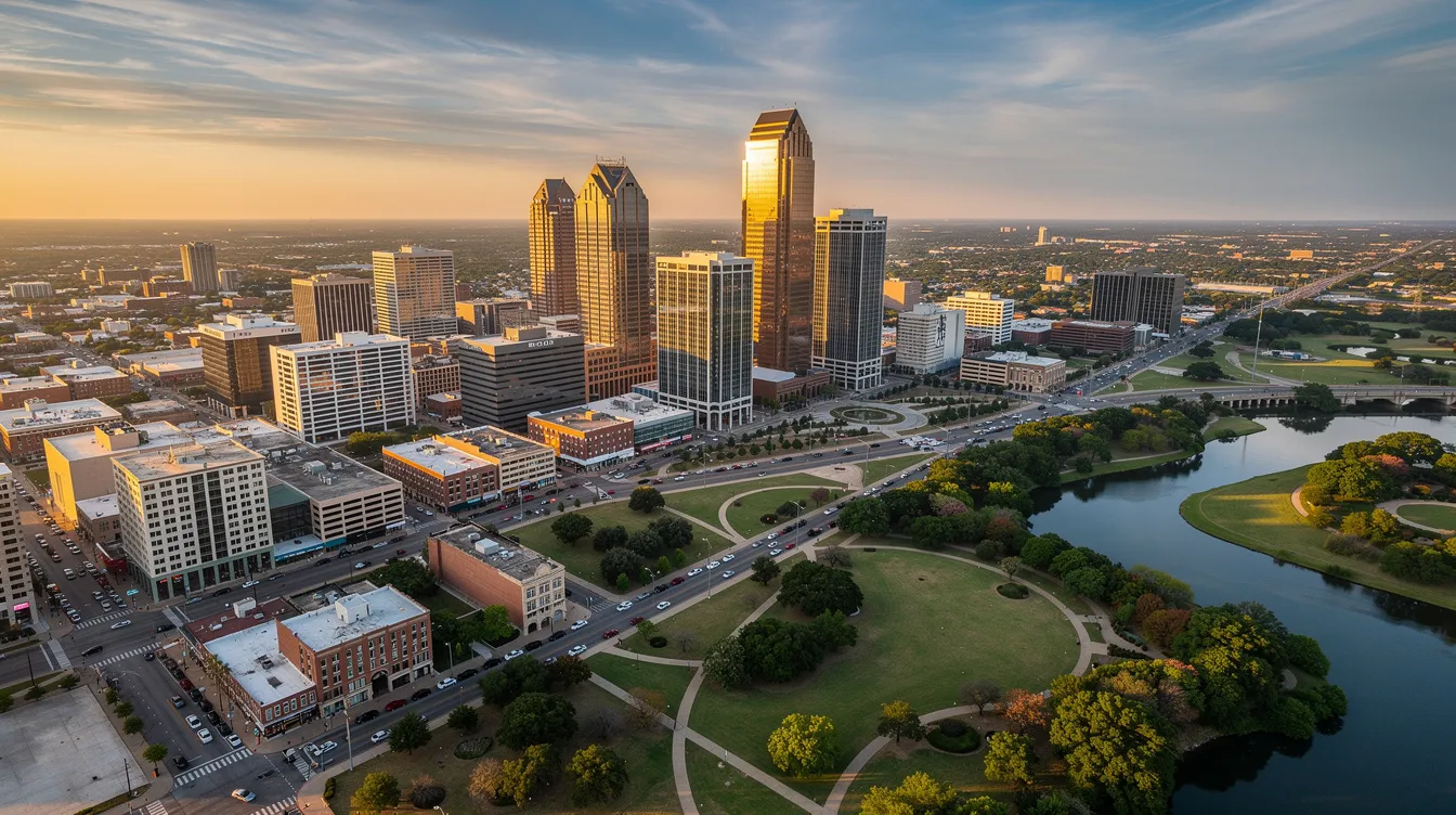 An aerial view showcases the vibrant Fort Worth skyline at golden hour, featuring modern buildings surrounded by lush green spaces. This picturesque scene reflects the city's dynamic housing market, attracting both buyers and sellers in the active listings of the area.