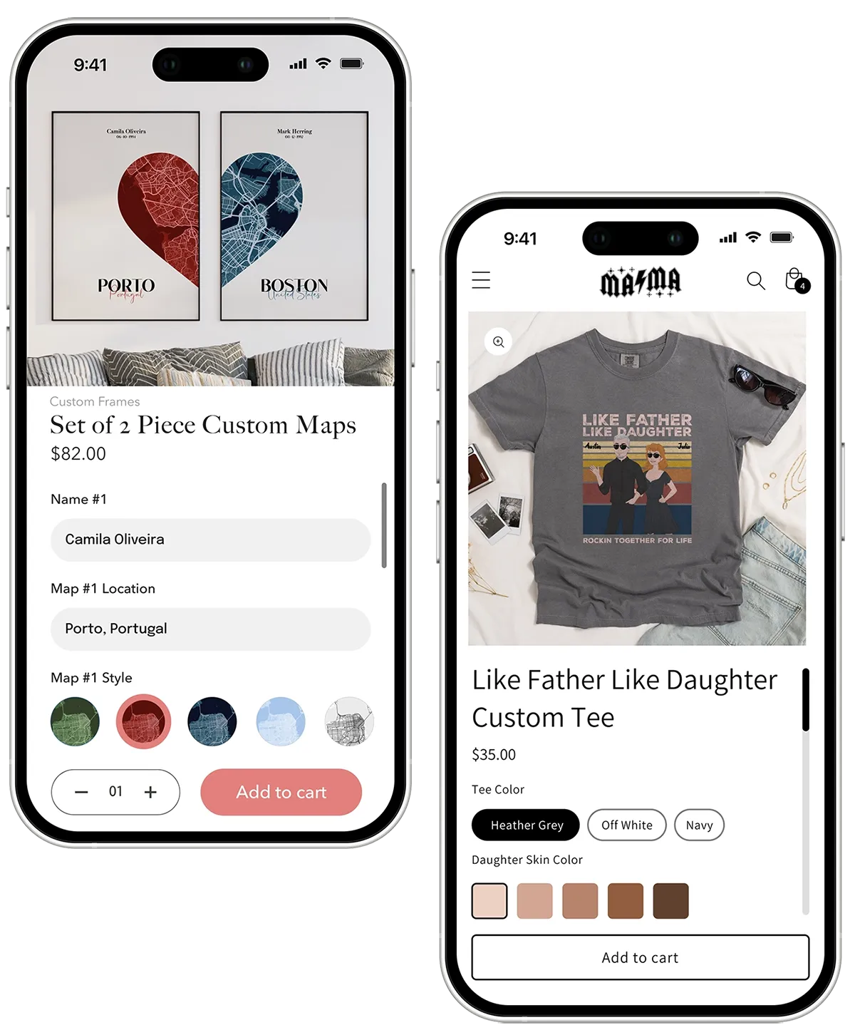Two mobile phones displaying different product pages from online stores using Customily for personalized products.