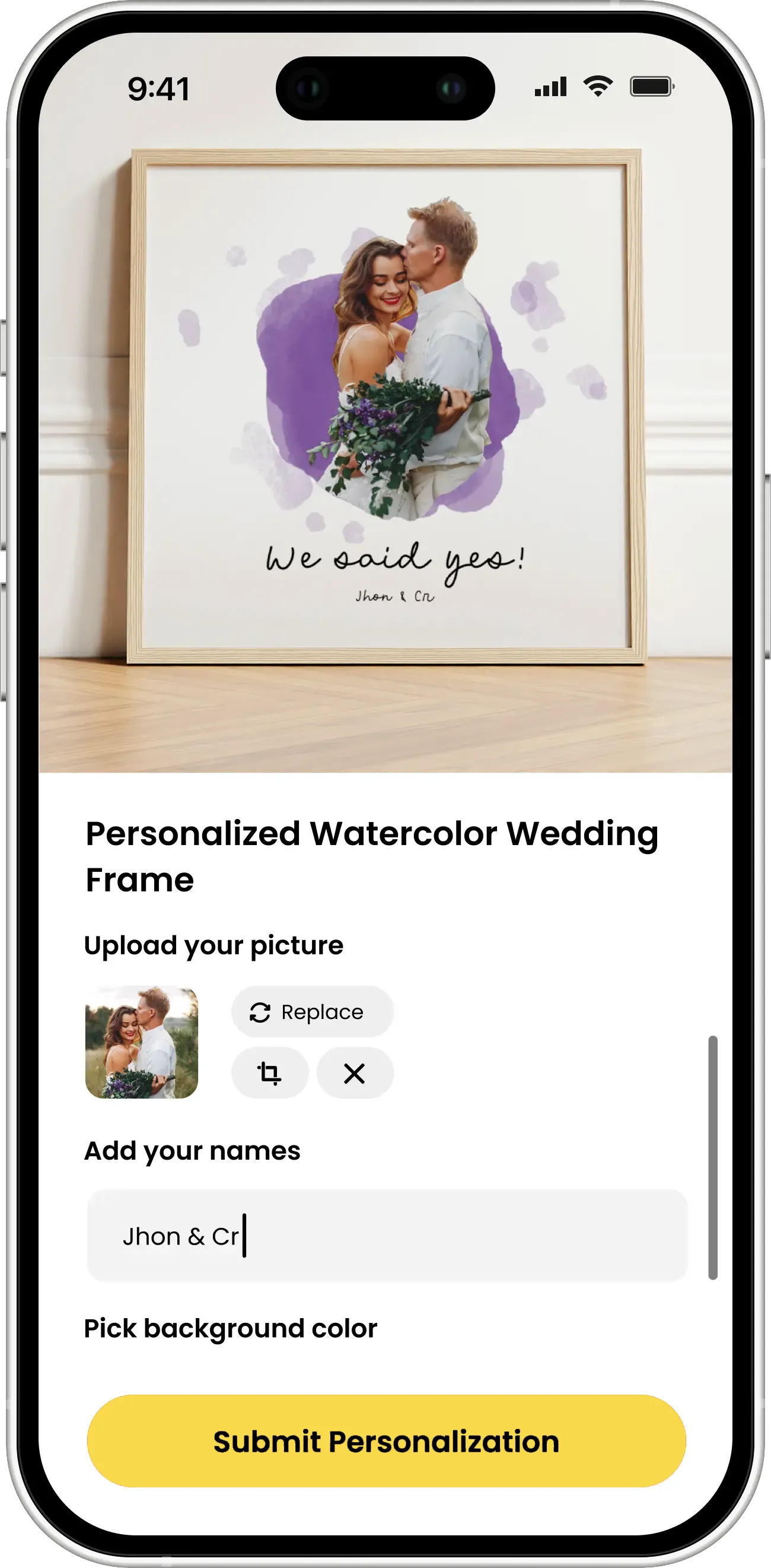 Mobile view of an Amazon product being personalized post purchase, displaying a personalized frame with customization options like adding photos and text.
