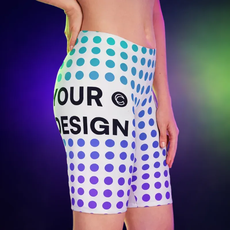 Customizable all-over-print biker shorts mockup showing placeholder design placement using Customily.
