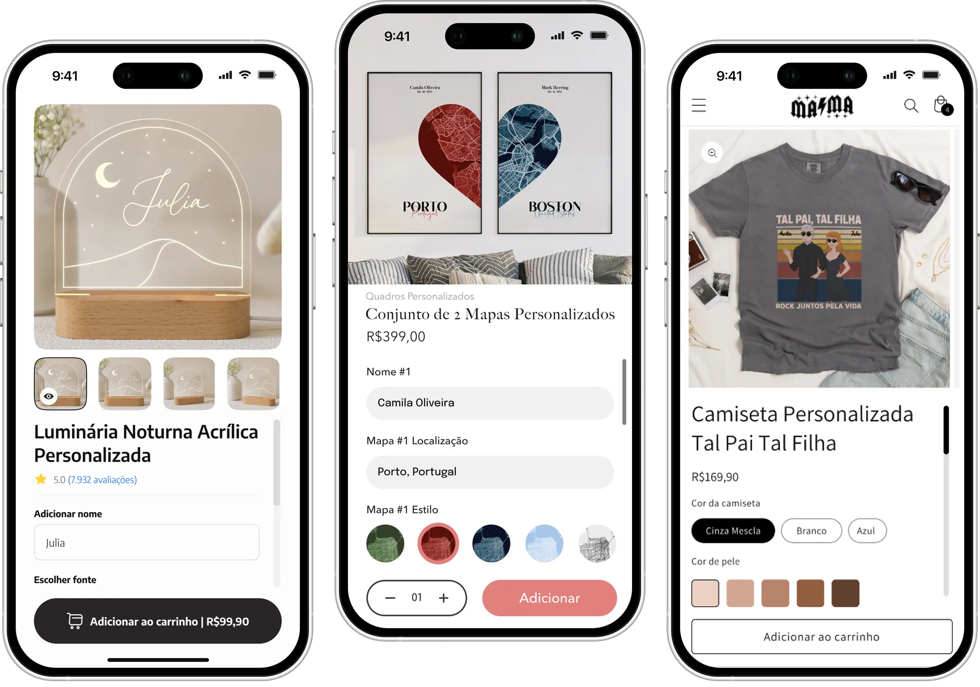 Customily personalization previews displayed on three phones