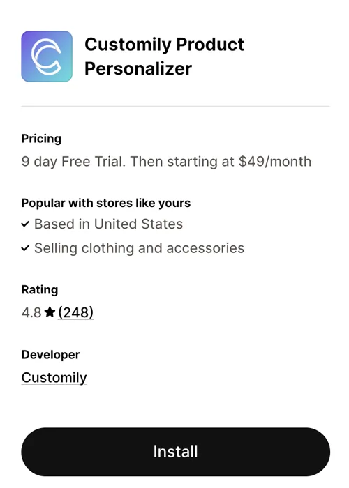 Install Customily product personalizer app on your ecommerce store