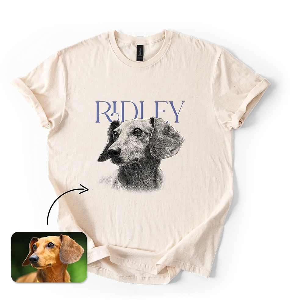 Custom pet photo t-shirt created with shopper photo upload and AI image effects