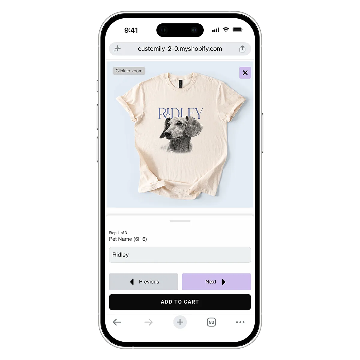 Personalized t-shirt customized through a mobile-optimized shopping interface