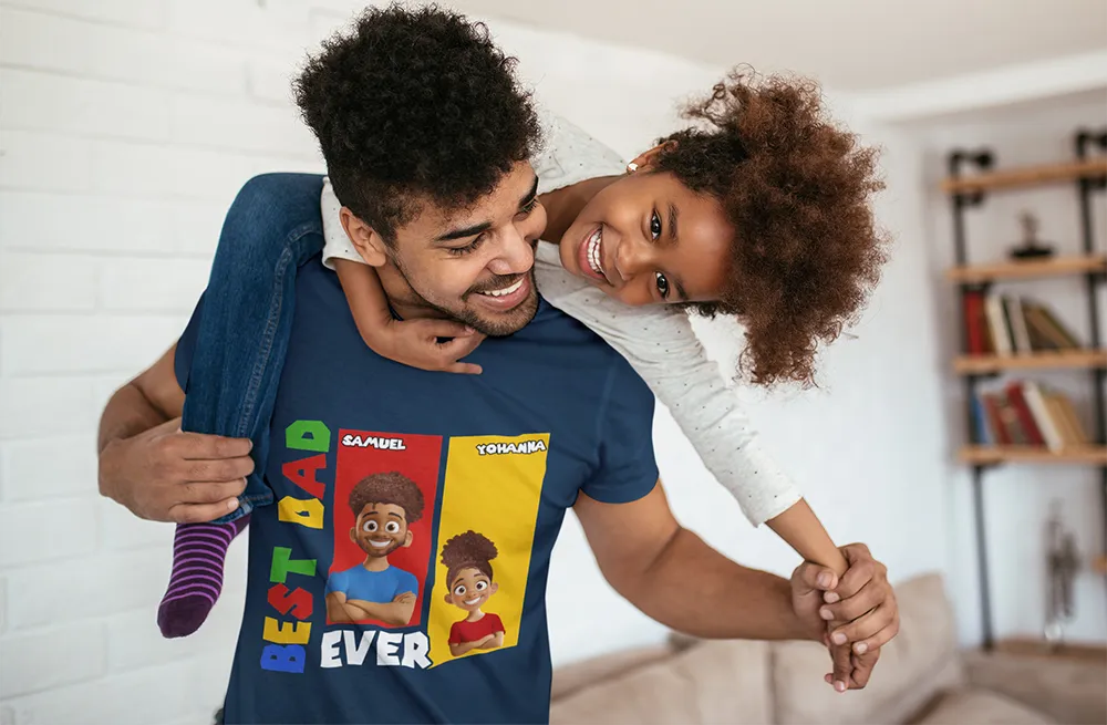 Father wearing a personalized t-shirt featuring custom cartoon portraits and names of him and his children.