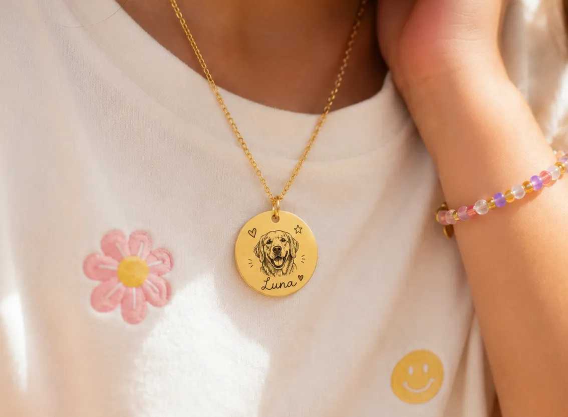 Girl wearing a personalized pendant necklace engraved with a custom pet portrait and name.