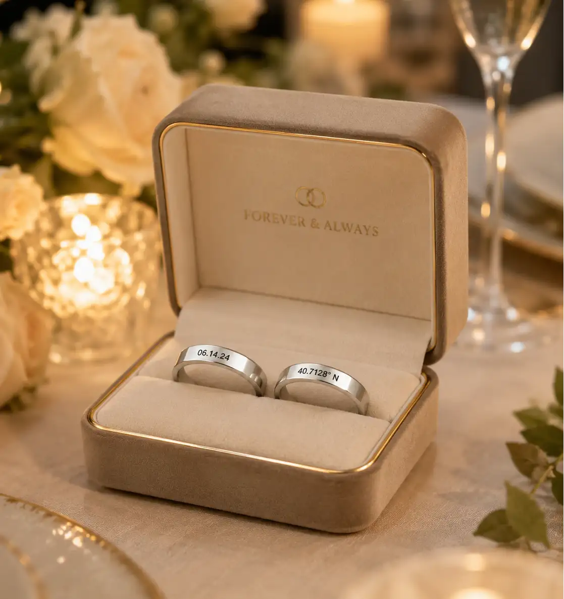 Personalized wedding bands engraved with a custom date and coordinates.