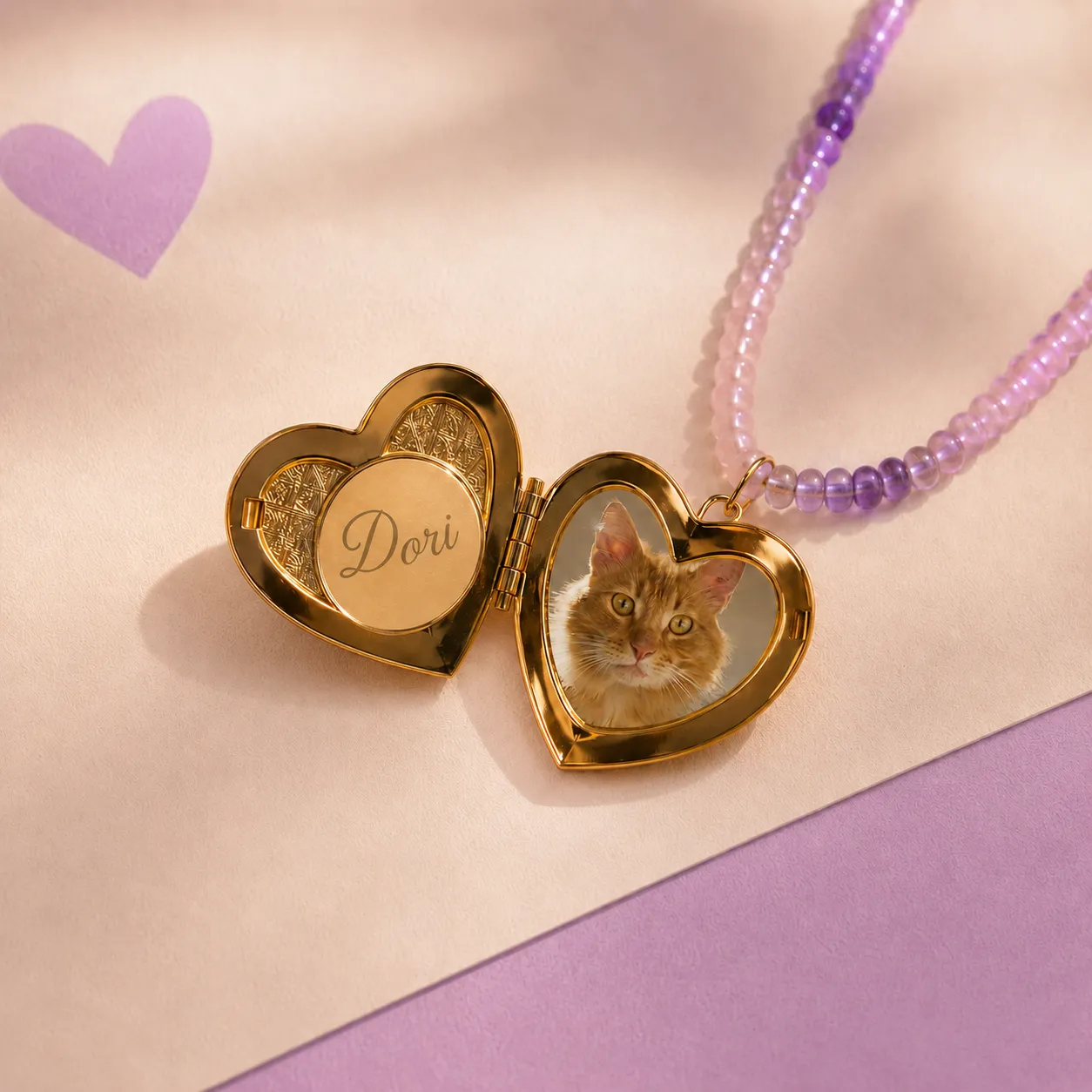 Personalized heart locket necklace with a custom engraved name and photo inside.