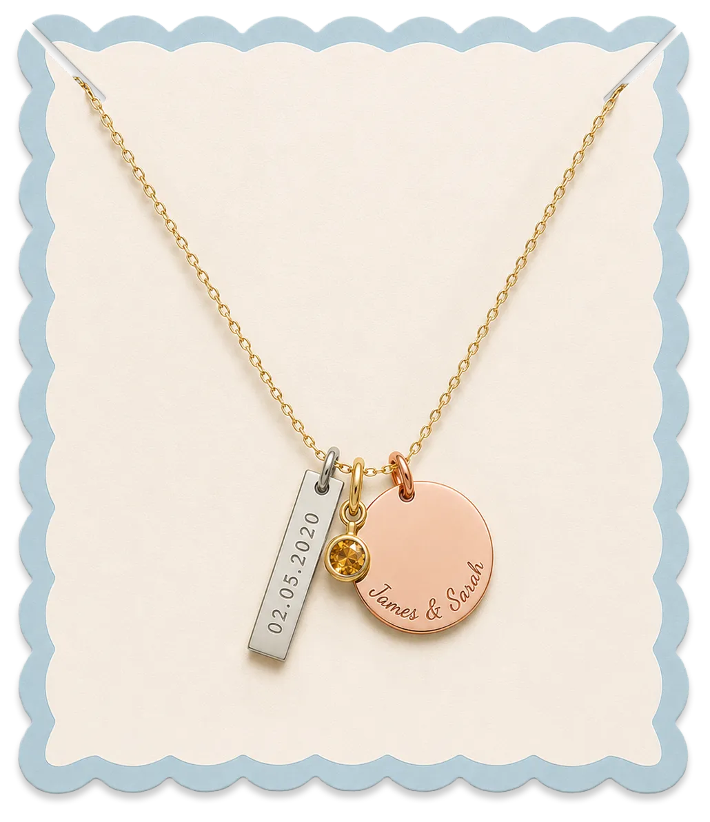 Personalized necklace with customizable metal finishes in white, rose and yellow gold