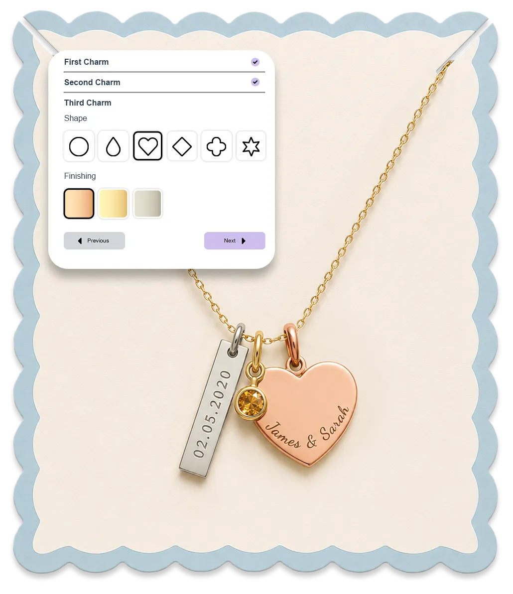 Personalized charm necklace with customizable charm shapes, metals, and engravings