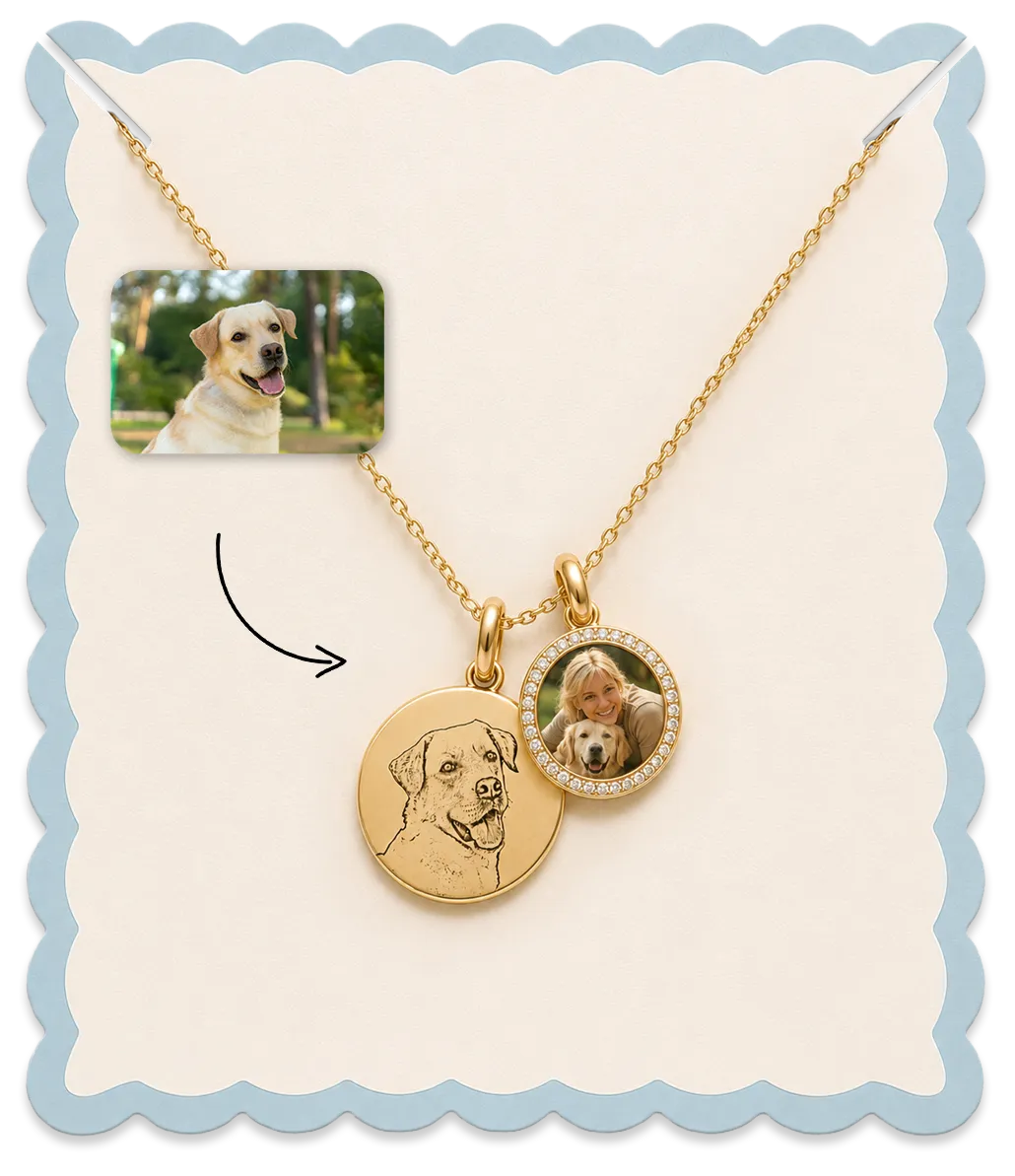 Gold personalized photo necklace with engraved pet portrait and custom photo charm