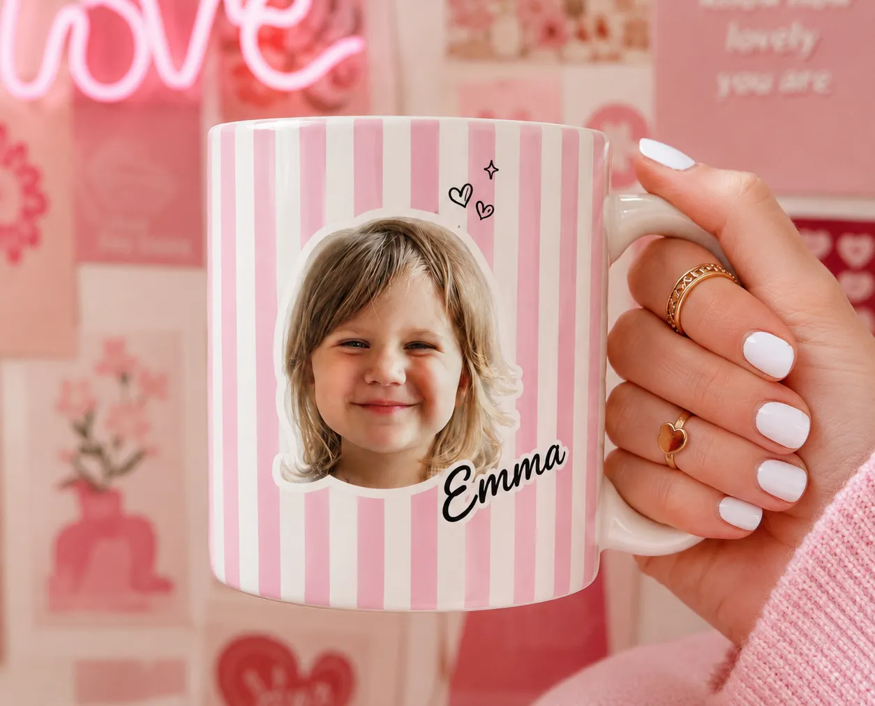 Personalized coffee mug featuring a custom photo with AI face cutout and printed name.