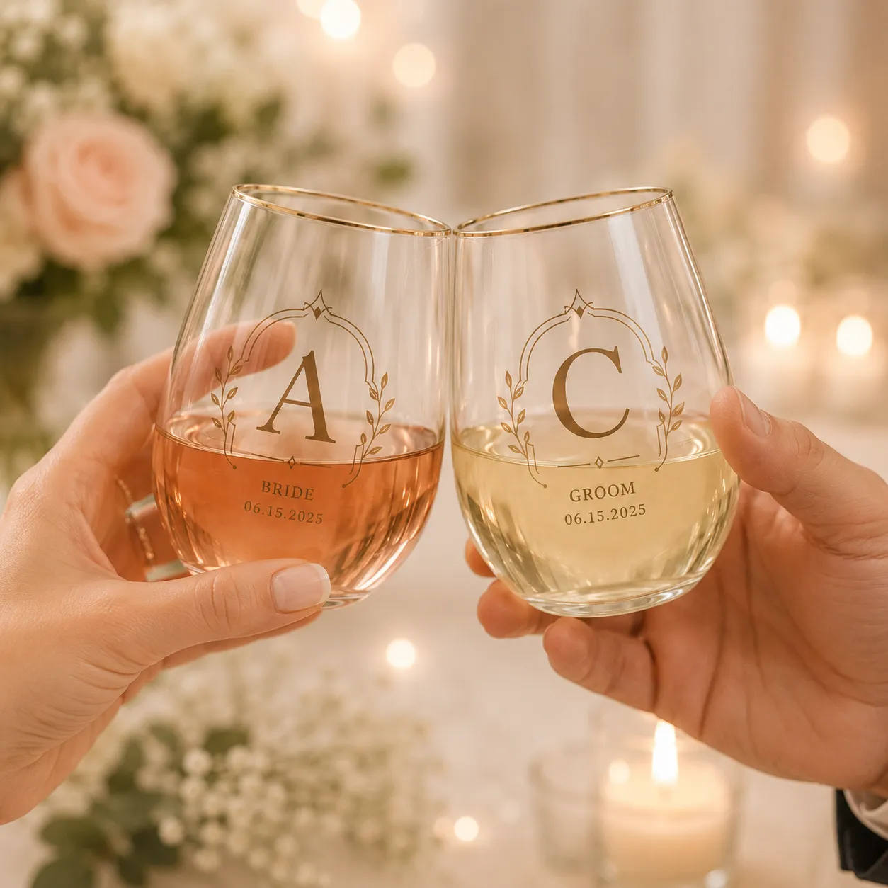Personalized wine glasses engraved with custom initials, wedding roles, and date.