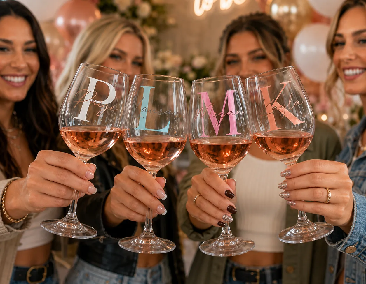 Group holding personalized  matching wine glasses with custom initials and names.