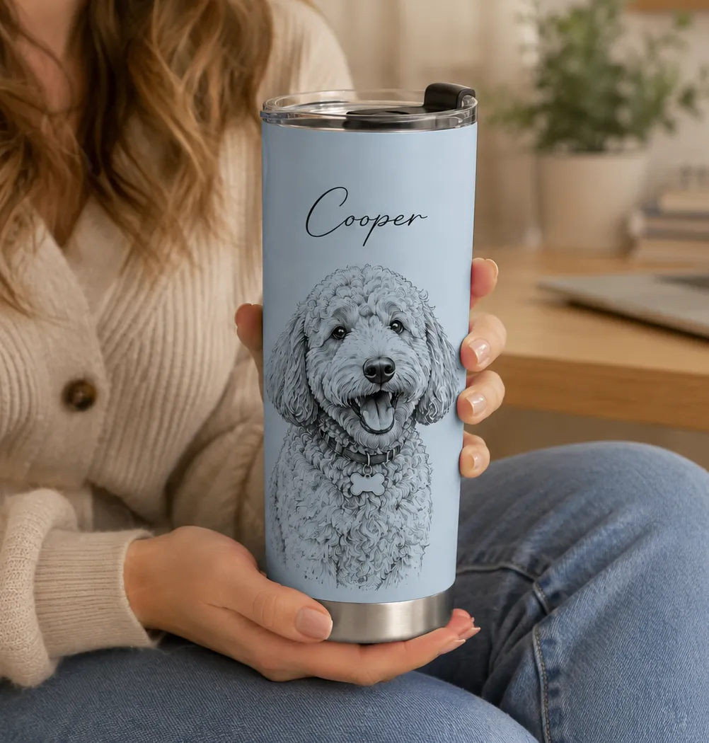 Personalized travel tumbler with a custom pet portrait with a pencil style AI filter