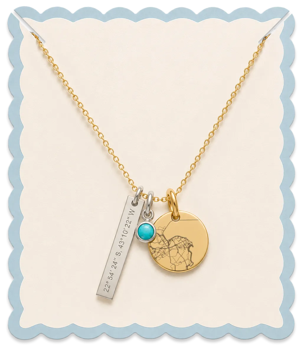 Personalized charm necklace with engraved coordinates, birthstone, and engraved map pendant