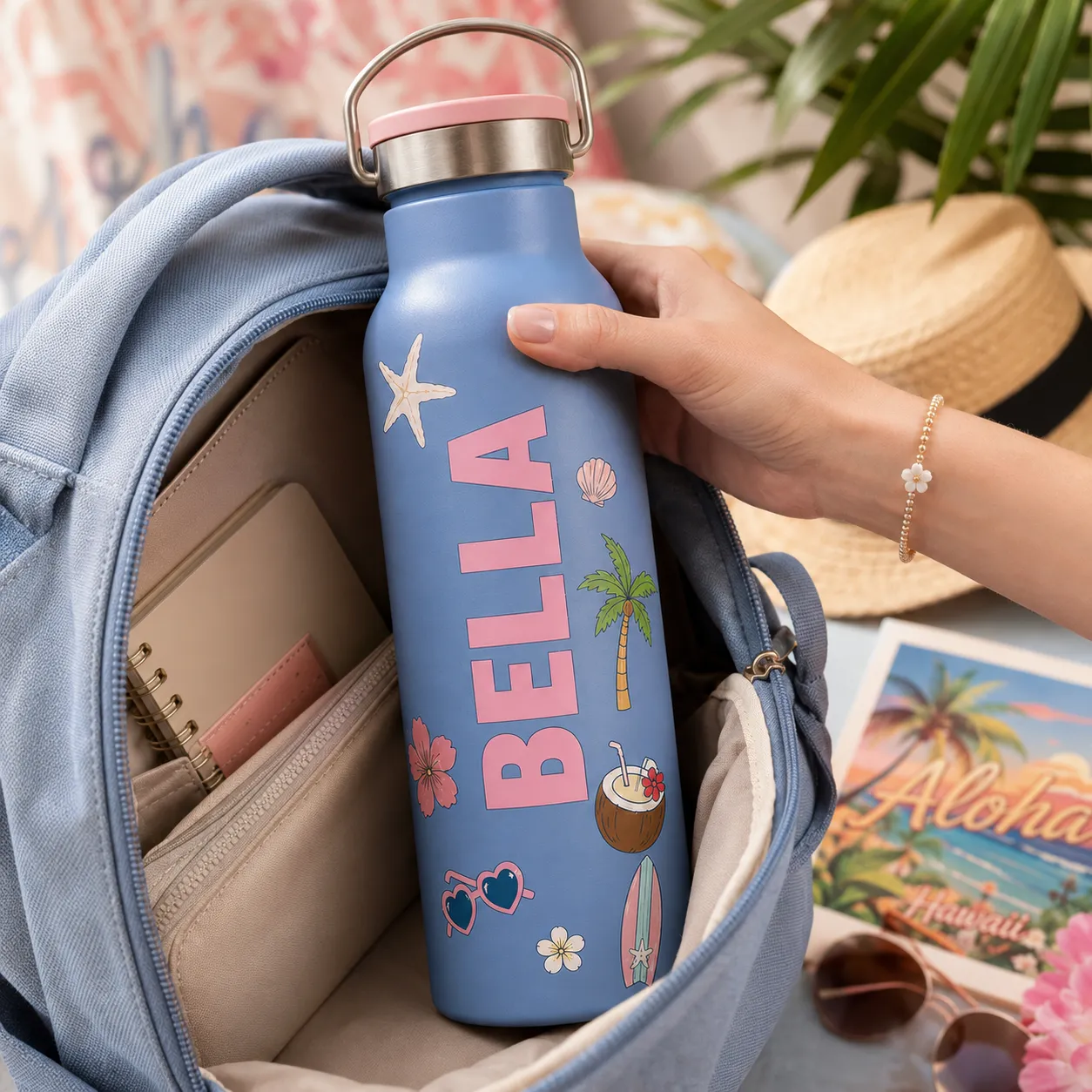 Personalized water bottle with a custom name.
