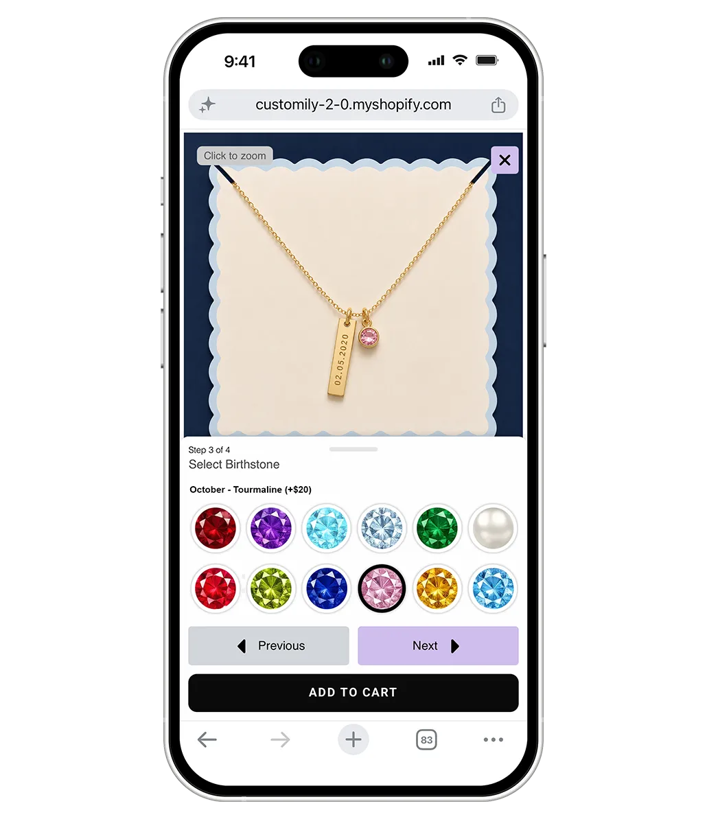 Personalized necklace customized through a mobile-optimized shopping interface