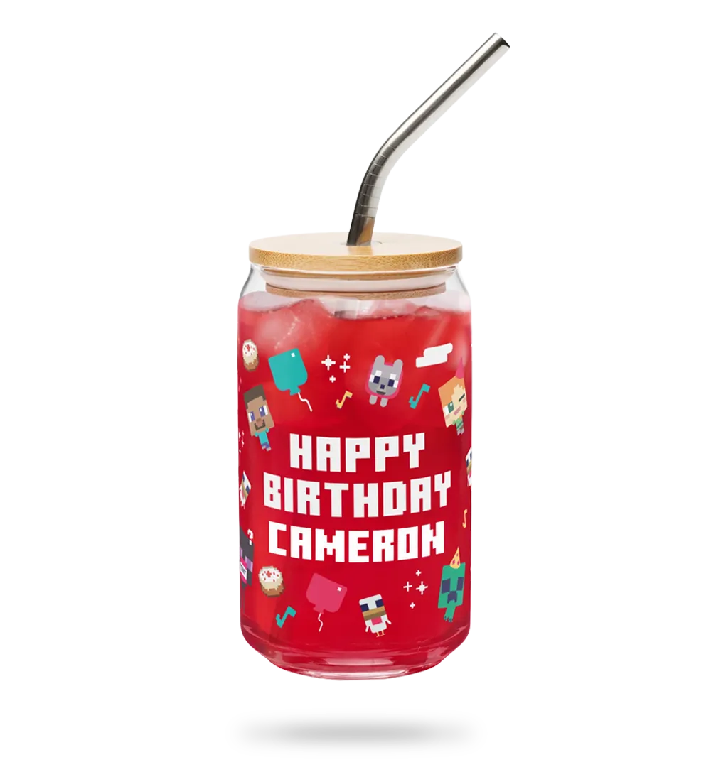 Personalized birthday glass cup by Minecraft sold with Customily