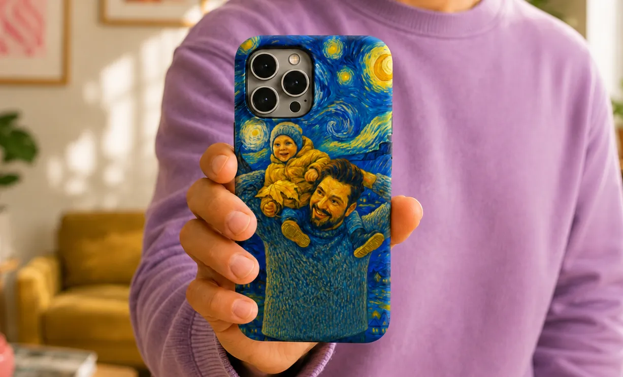 iPhone case personalized with a family photo transformed into AI artwork