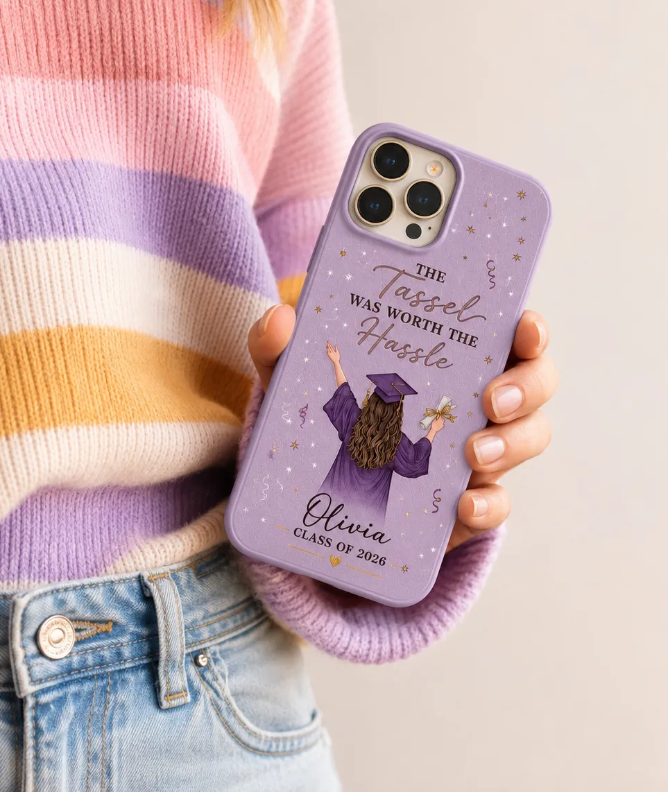 Purple flexible phone case personalized with a graduate illustration, name, and class year