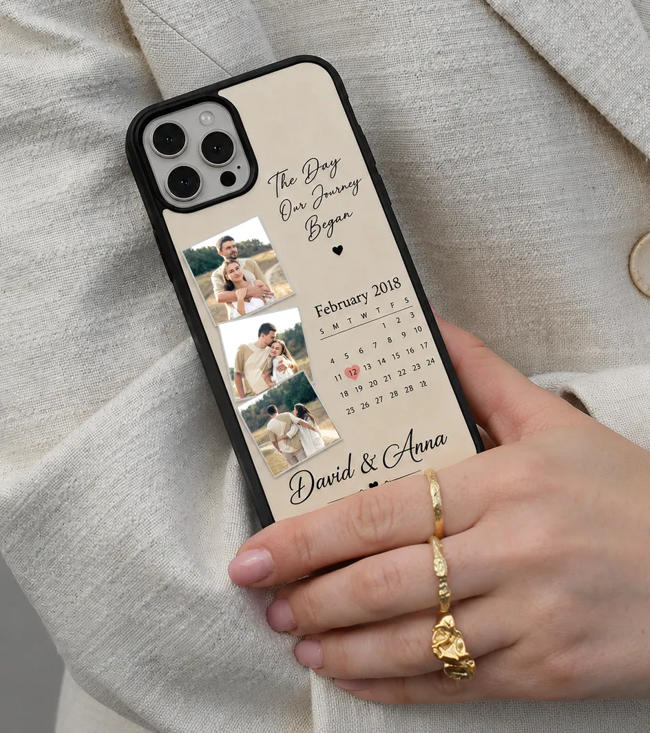 Protective iPhone case personalized with couple photos, names, and an anniversary calendar