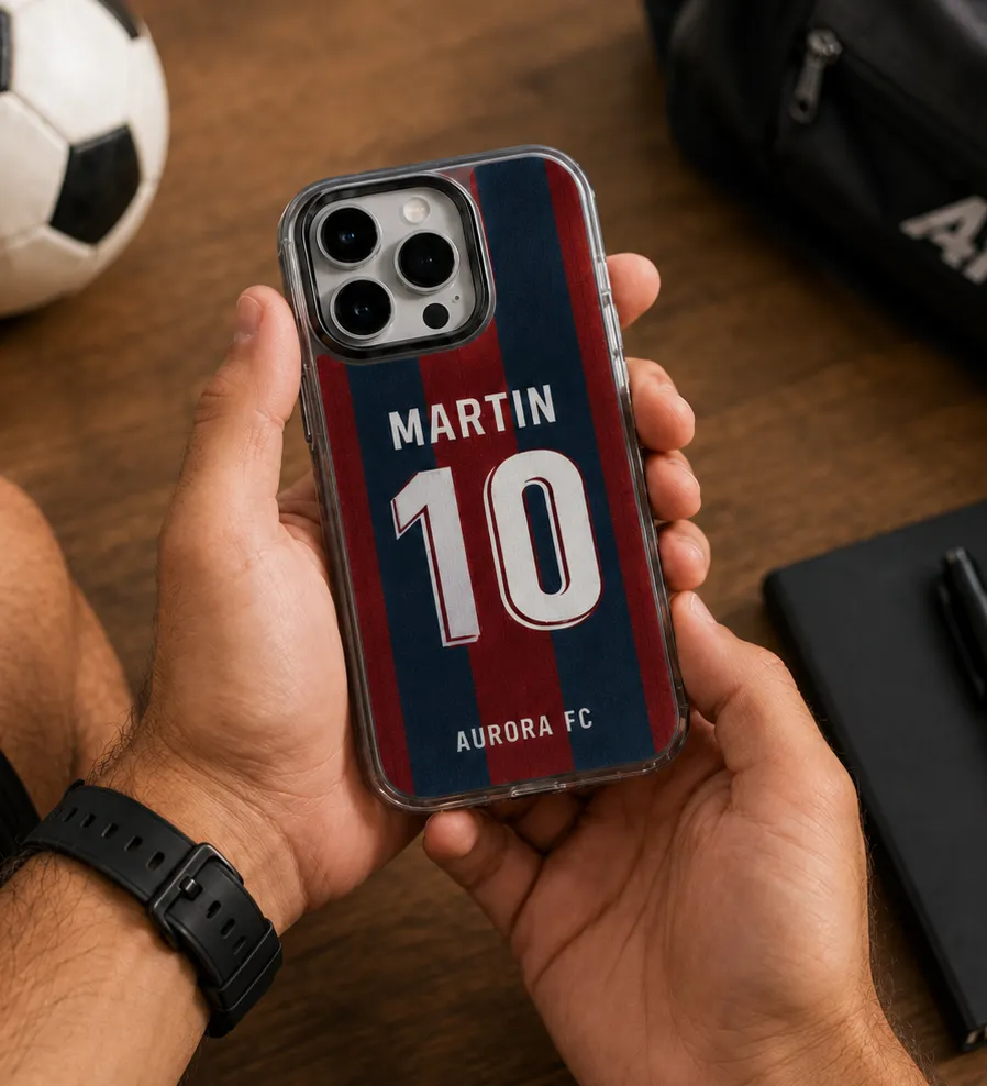 Clear bumper sports phone case personalized with a player name, number, and team colors